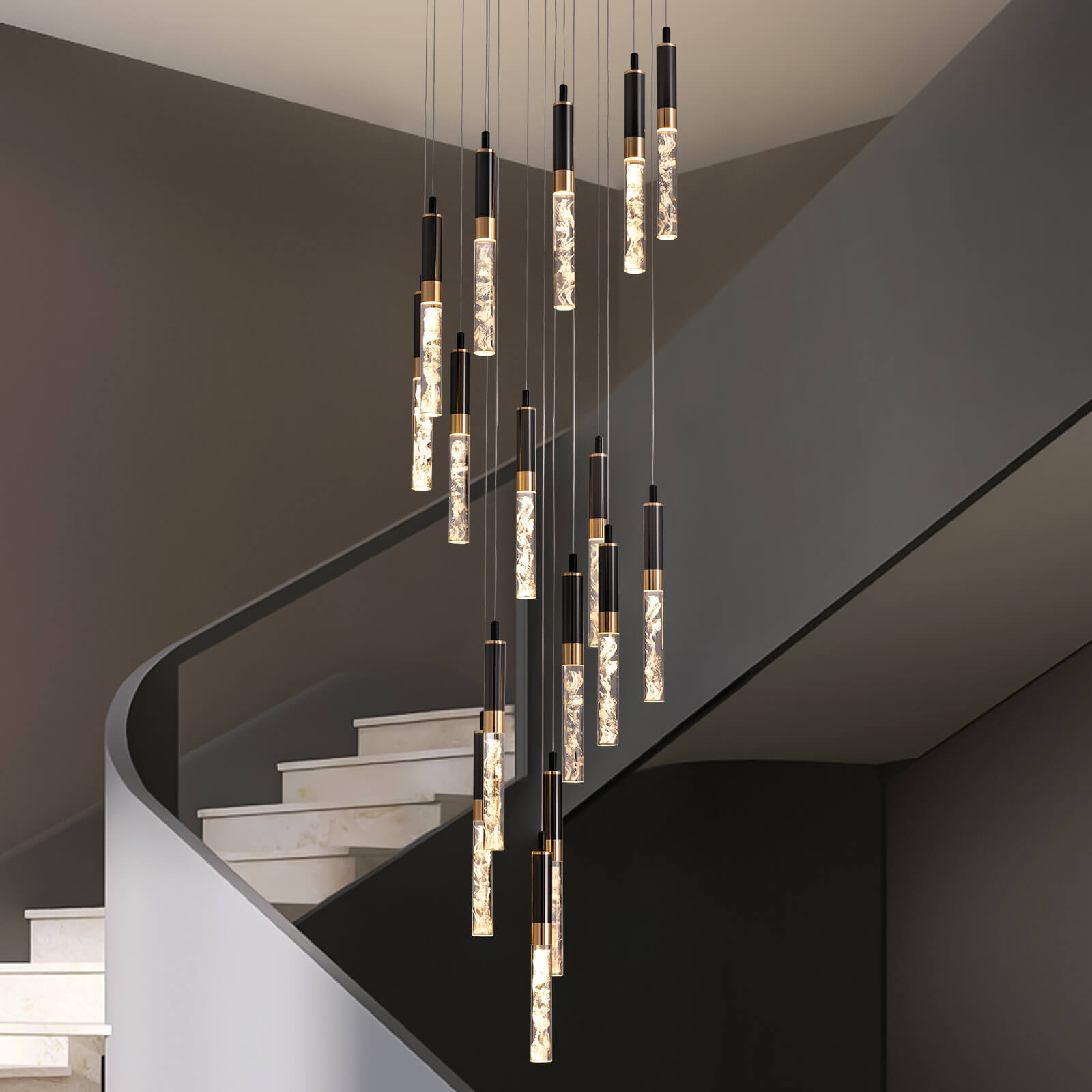 Crystal Foyer Chandelier Black K9 Cascading LED 16 Lights High Ceiling Staircase Living Room Modern Luxury | Faylight