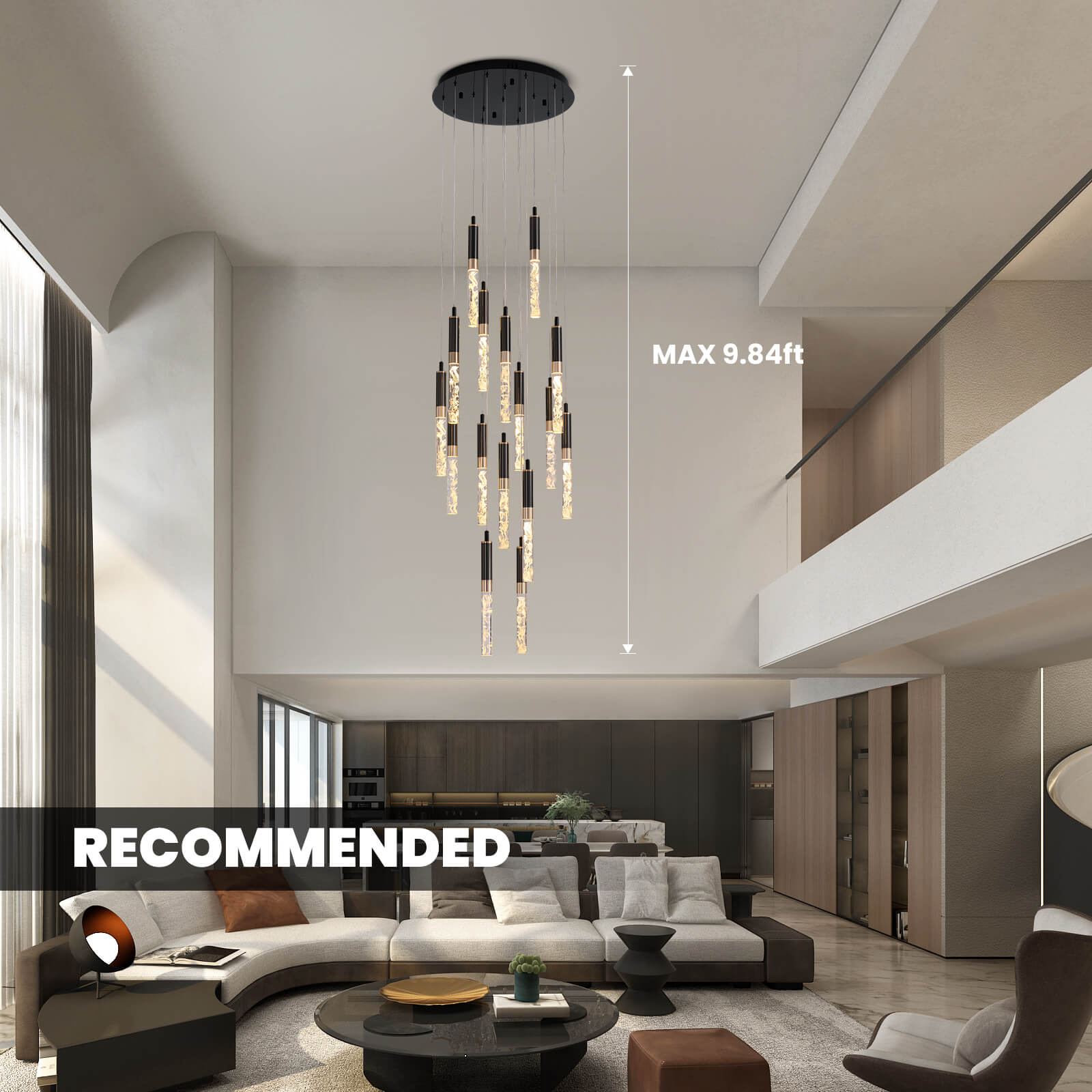 Crystal Foyer Chandelier Black K9 Cascading LED 16 Lights High Ceiling Staircase Living Room Modern Luxury | Faylight